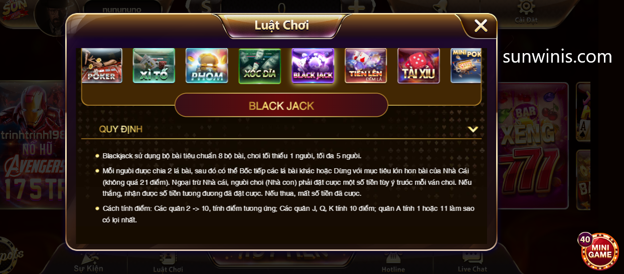 Luật chơi Black Jack sunwin chi tiết