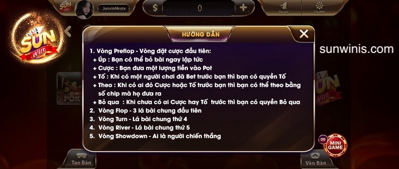 Luật chơi xì tố tại cổng game Sunwin